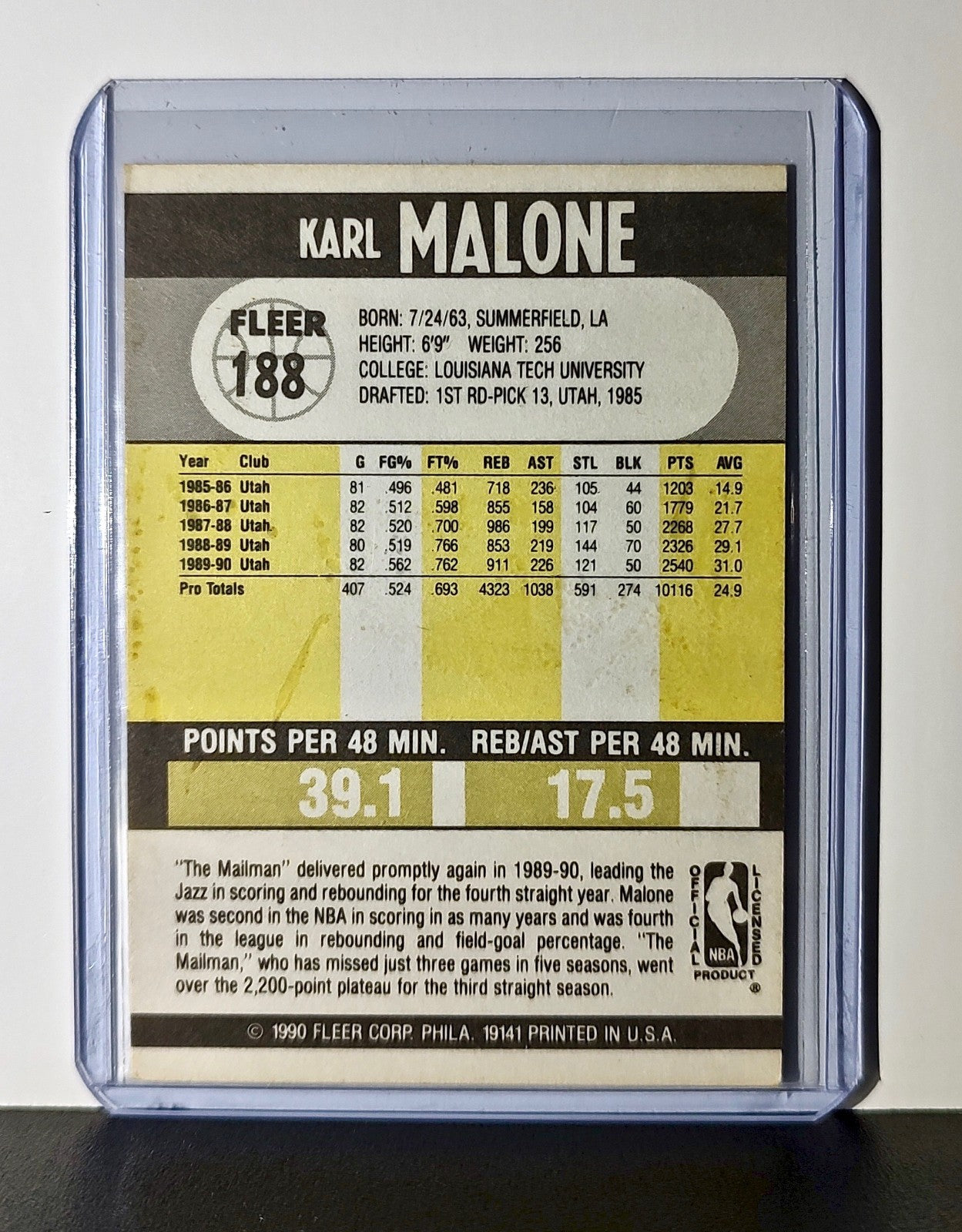 Karl Malone 1990 Fleer NBA #188 Card Utah Jazz