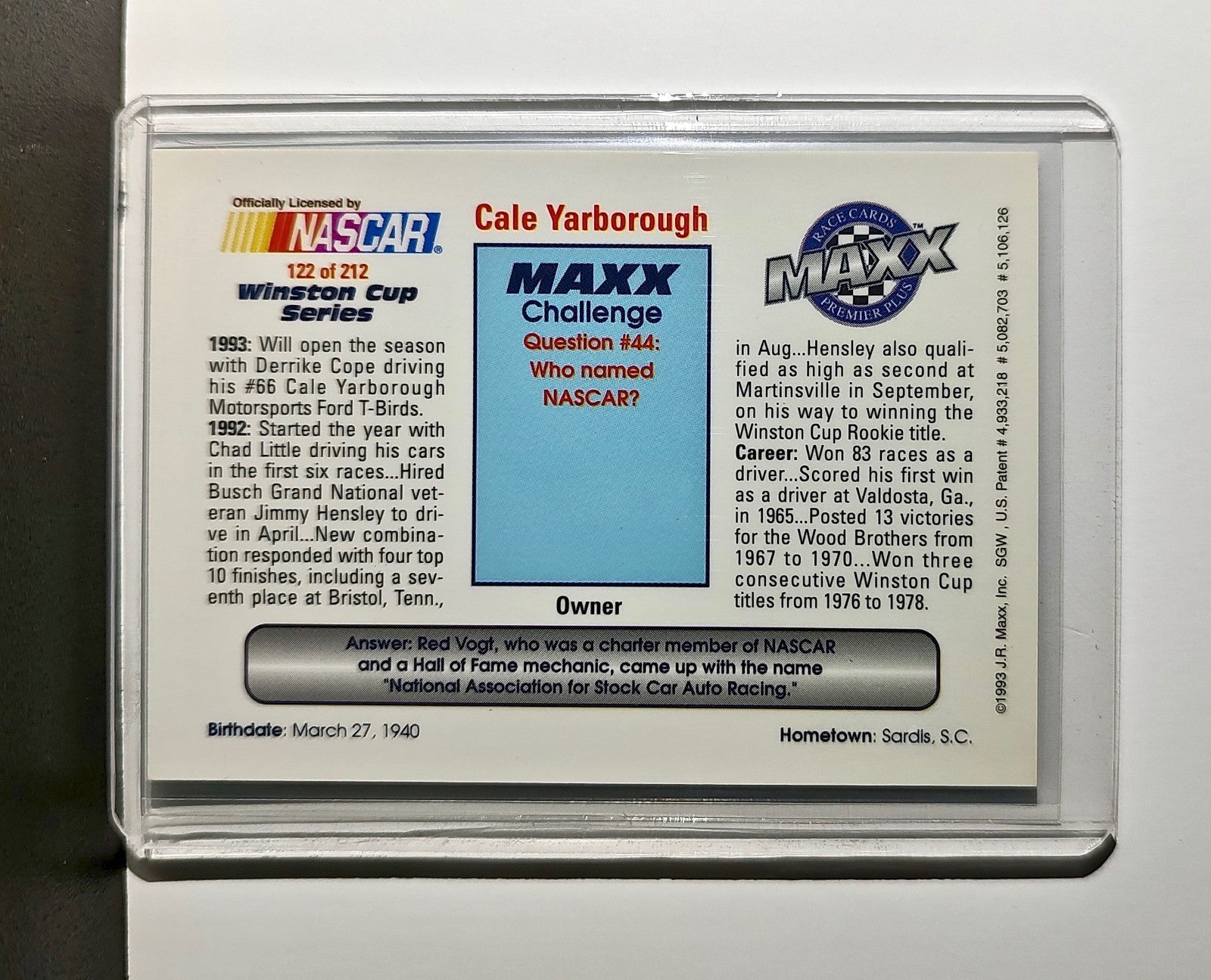 Cale Yarborough 1993 Maxx Premier Plus Racing #122 NASCAR Card Cale Yarborough