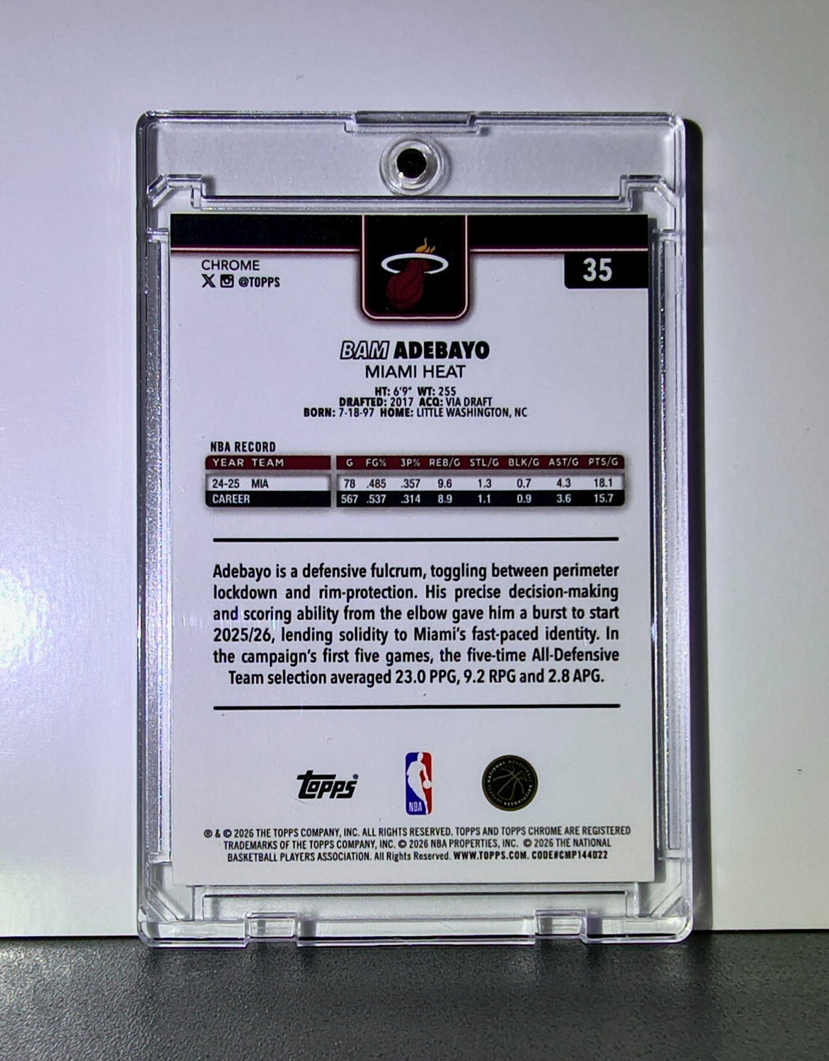 Bam Adebayo 2025-26 NBA Topps Chrome Update #35 Aqua Refractor Card 117/199