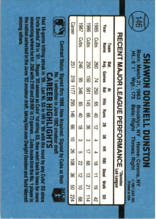 1988 Shawon Dunston Donruss Baseball Card #146