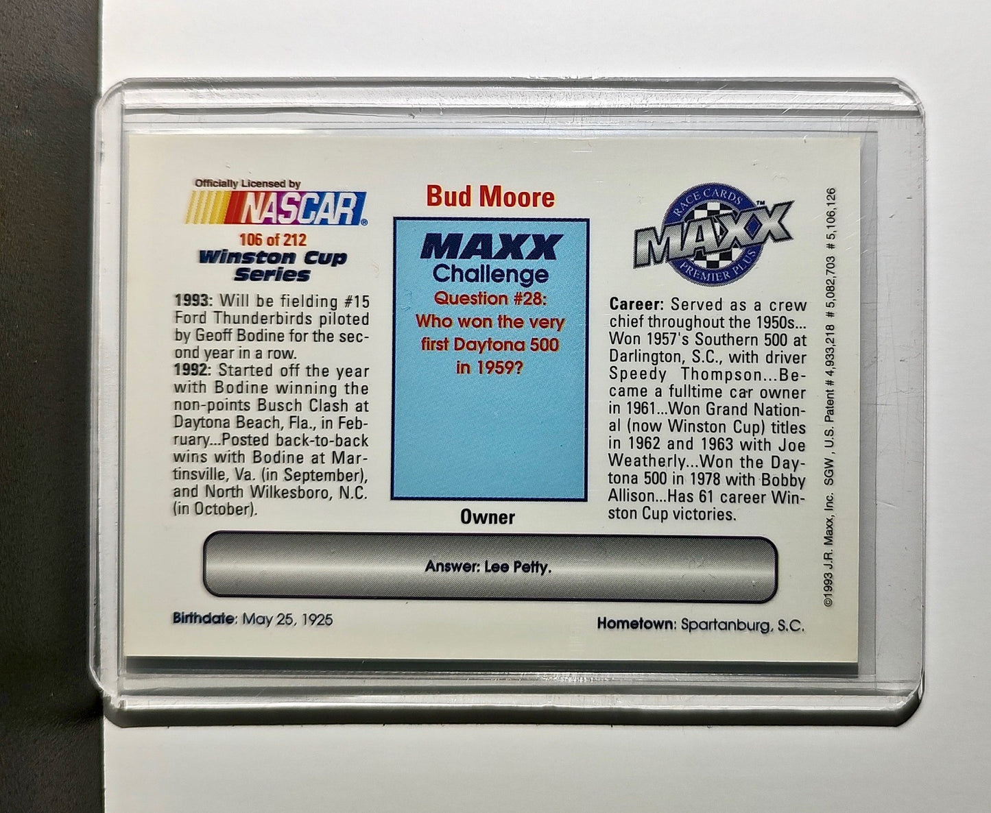 Bud Moore 1993 Maxx Premier Plus Racing #106 NASCAR Card Bud Moore Engineering