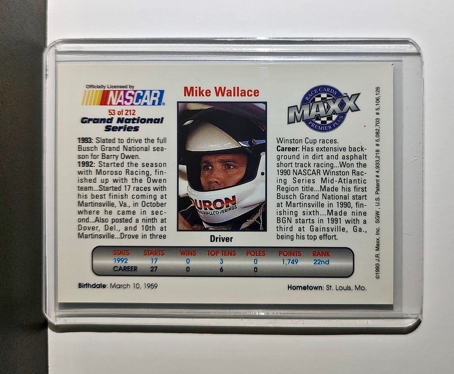 Mike Wallace 1993 Maxx Premier Plus Racing #53 NASCAR Card Owen Racing
