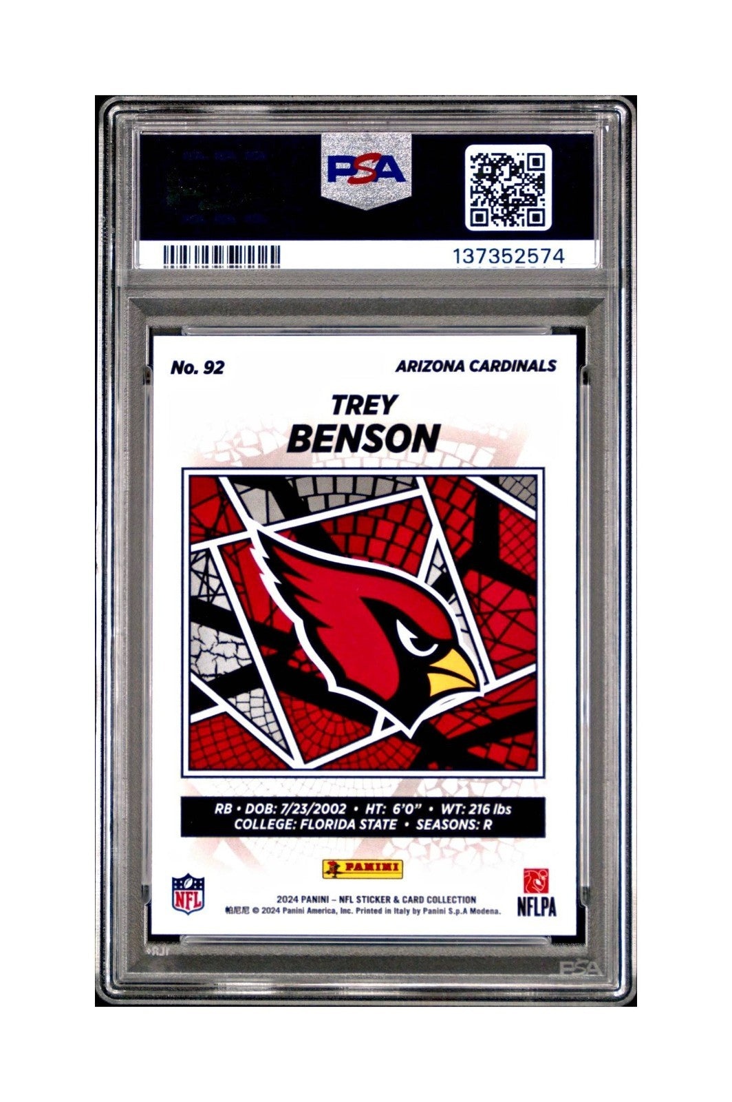 Trey Benson Rookie 2024 Panini Sticker Collection 255/349 #92 Blue Foil PSA 8