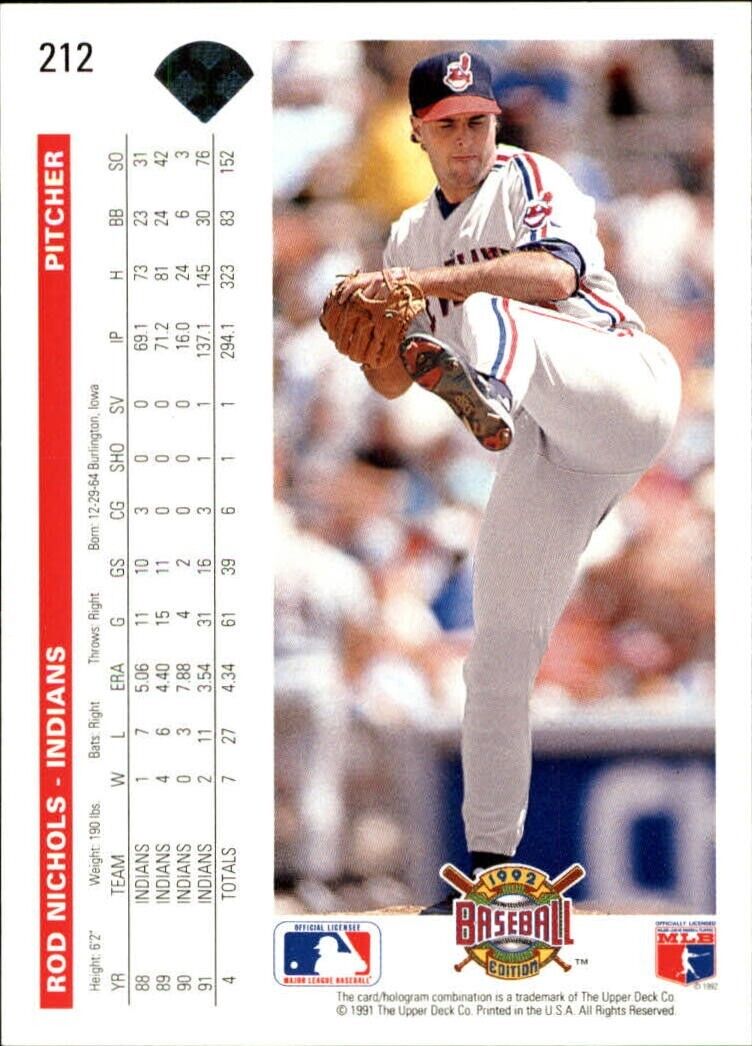 Rod Nichols 1992 Upper Deck MLB #212 Baseball Card Cleveland Indians