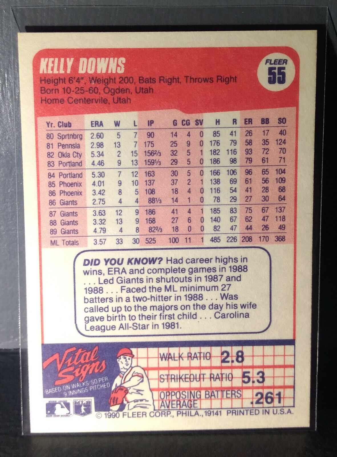 1990 Kelly Downs Fleer Baseball Card #55