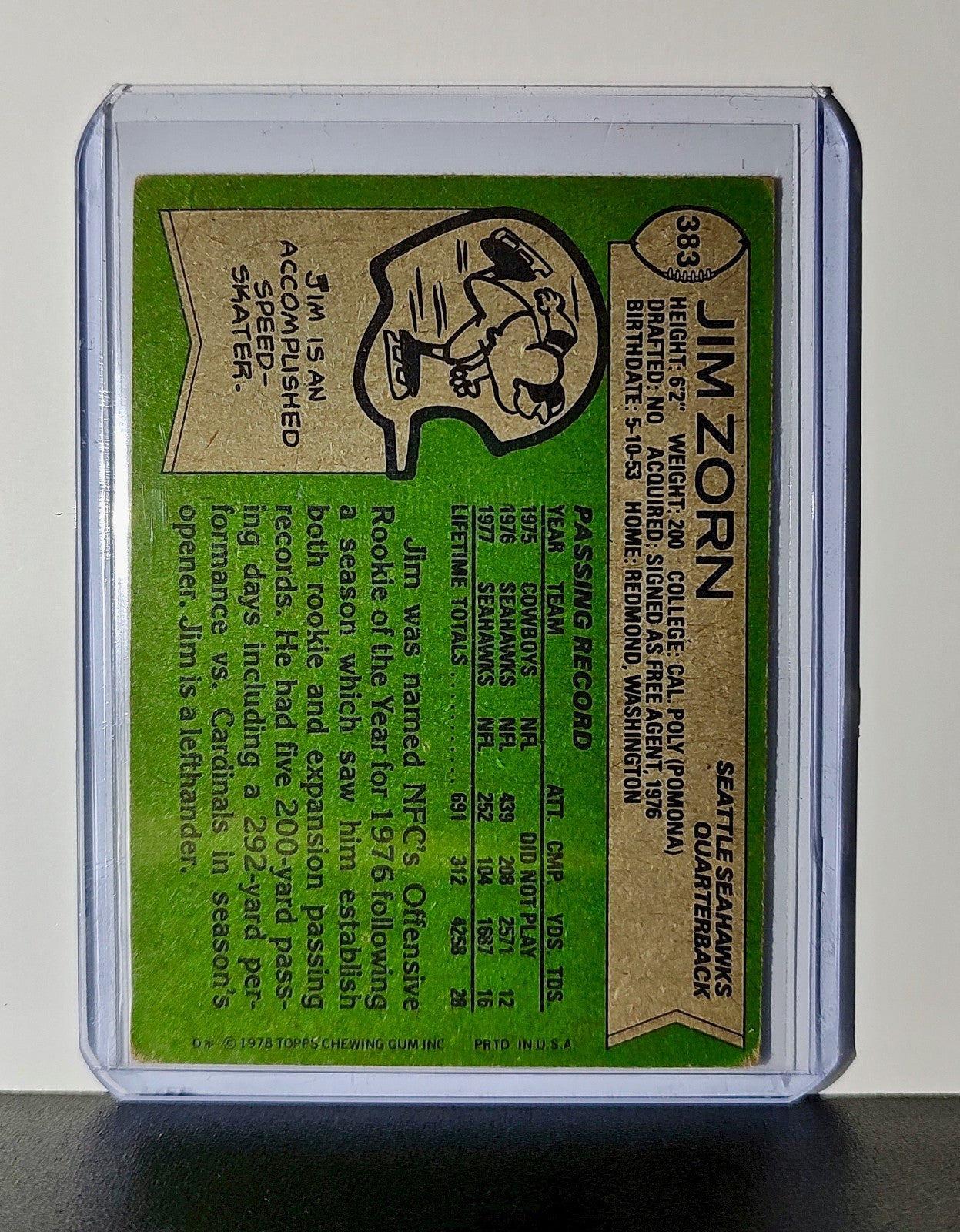 Jim Zorn 1978 Topps NFL #383 Card Seattle Seahawks