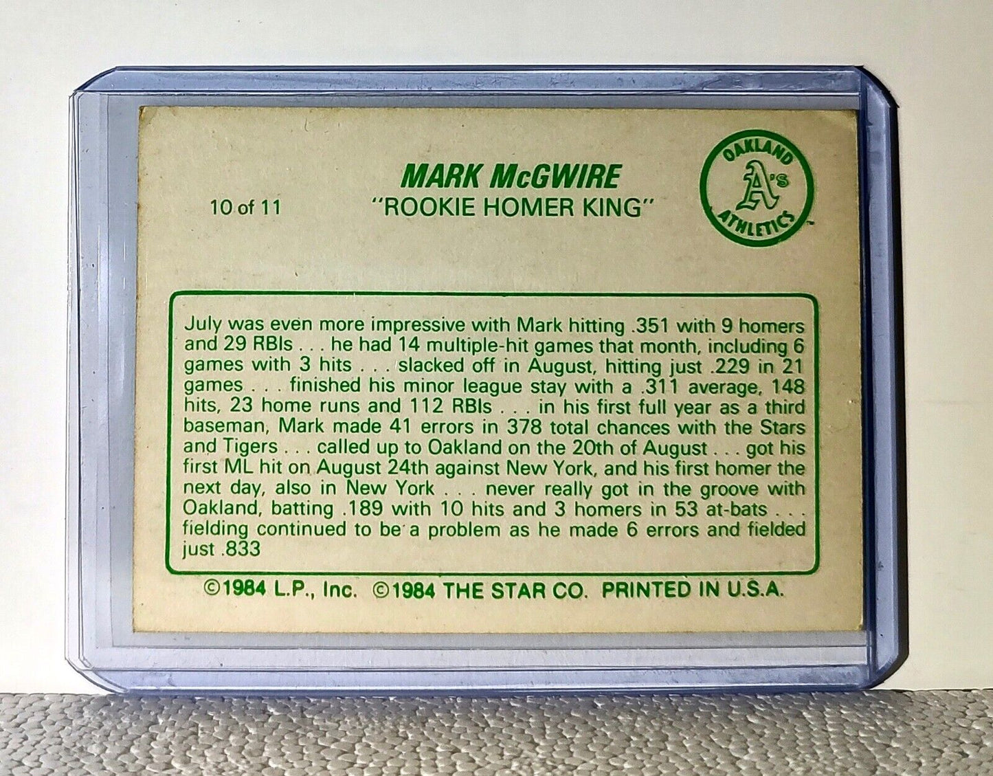 Mark McGwire 1988 Star MLB #10 Baseball Card Oakland Athletics