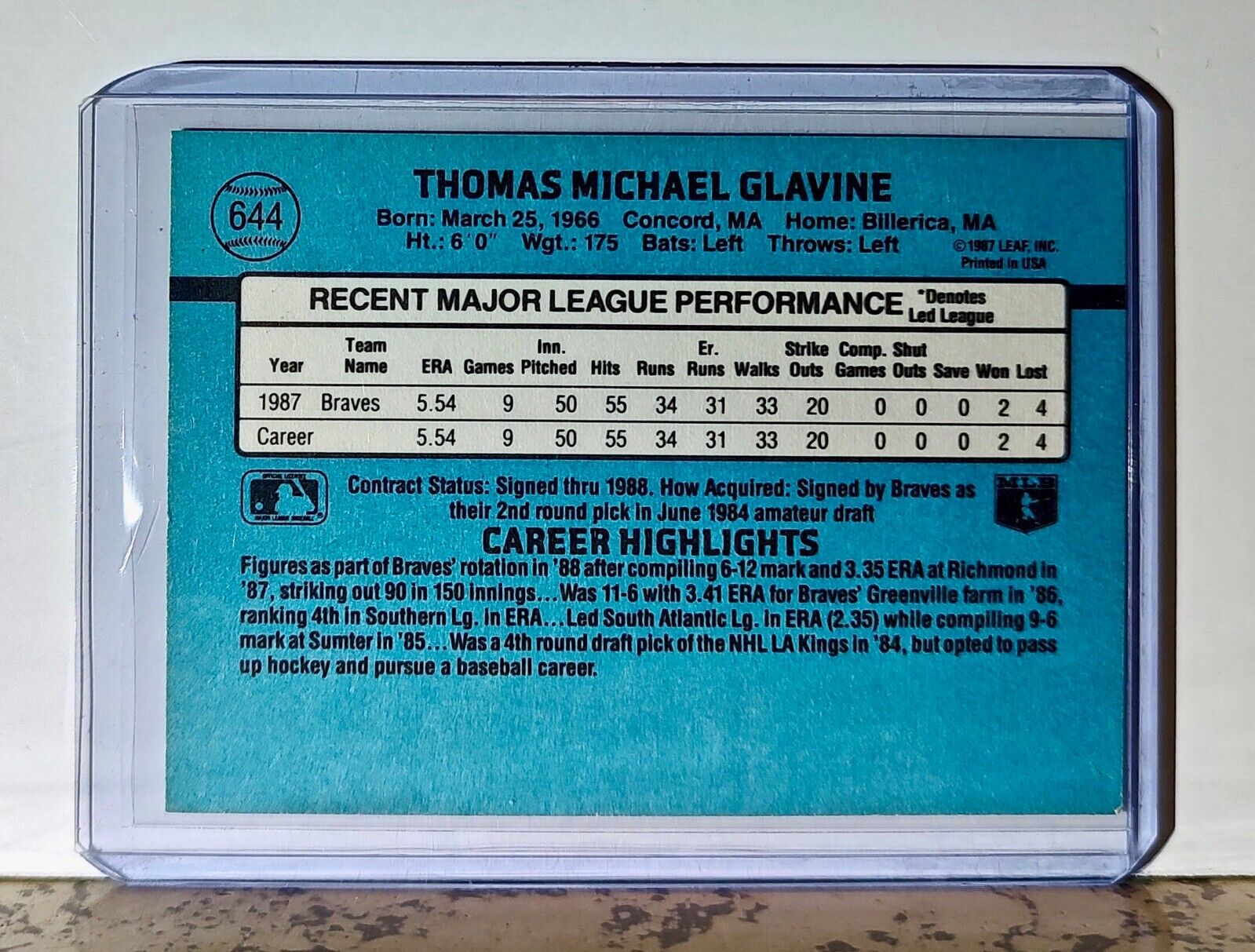 Tom Glavine 1988 Donruss MLB #644 Baseball Card Atlanta Braves