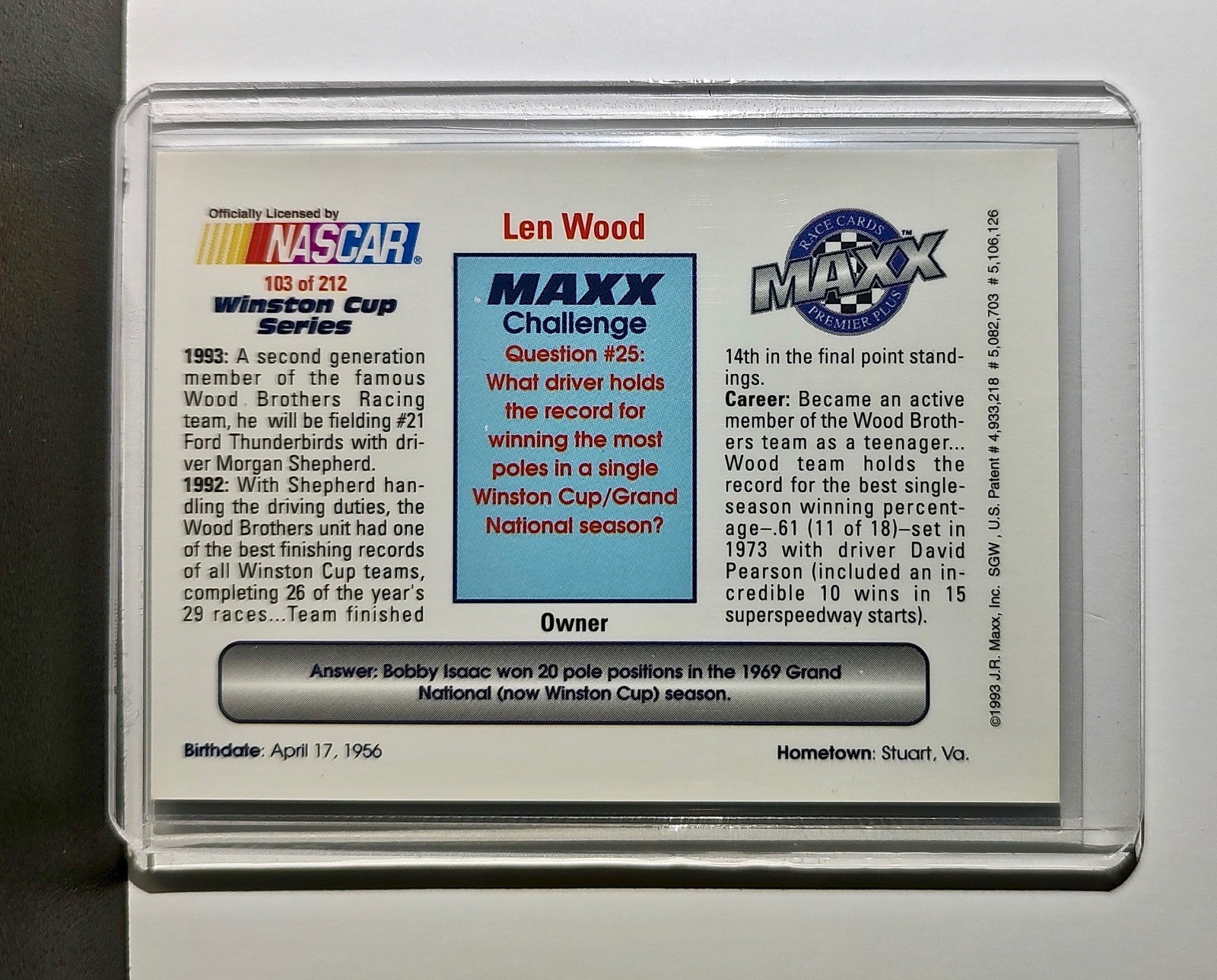 Len Wood 1993 Maxx Premier Plus Racing #103 NASCAR Card Wood Brothers Racing