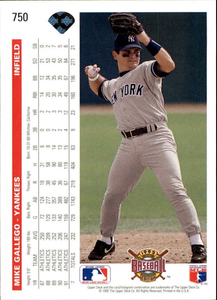 Mike Gallego 1992 Upper Deck MLB #750 Baseball Card New York Yankees