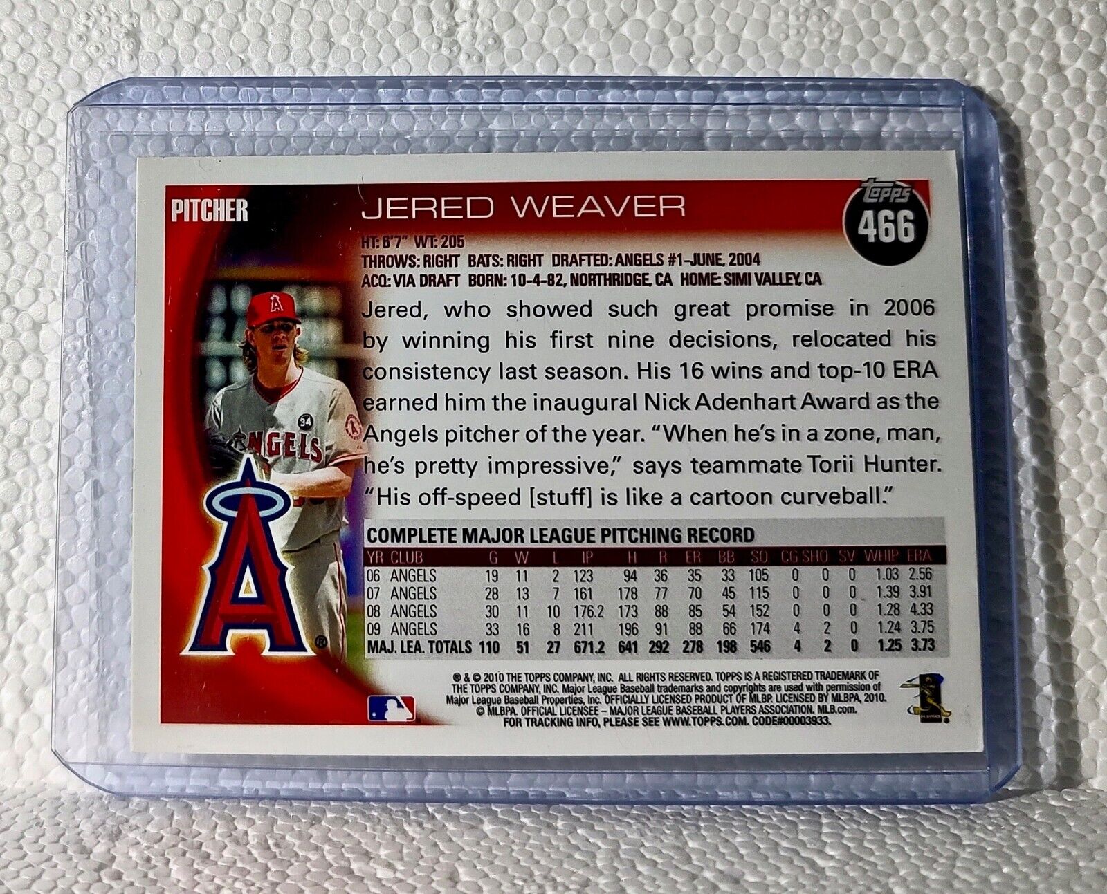 Jered Weaver 2010 Topps MLB #466 Baseball Card Los Angeles Angels