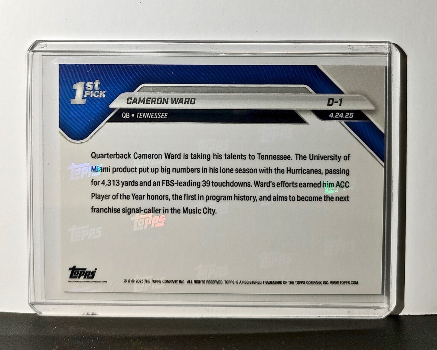 Cam Ward Rookie 2025 NFL Draft #D-1 Topps Football Card Tennessee Titans