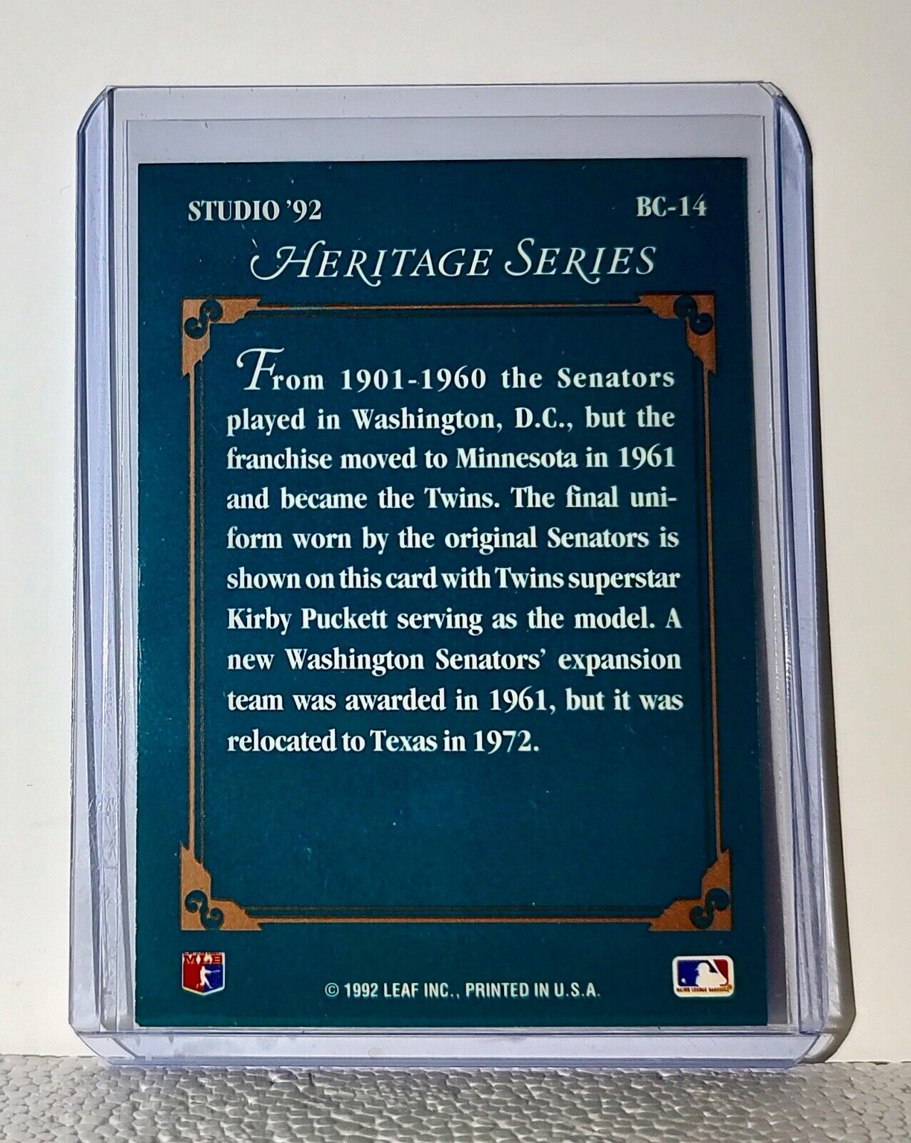 Kirby Puckett 1992 Leaf MLB #BC-14 Heritage Series Card Washington Senators