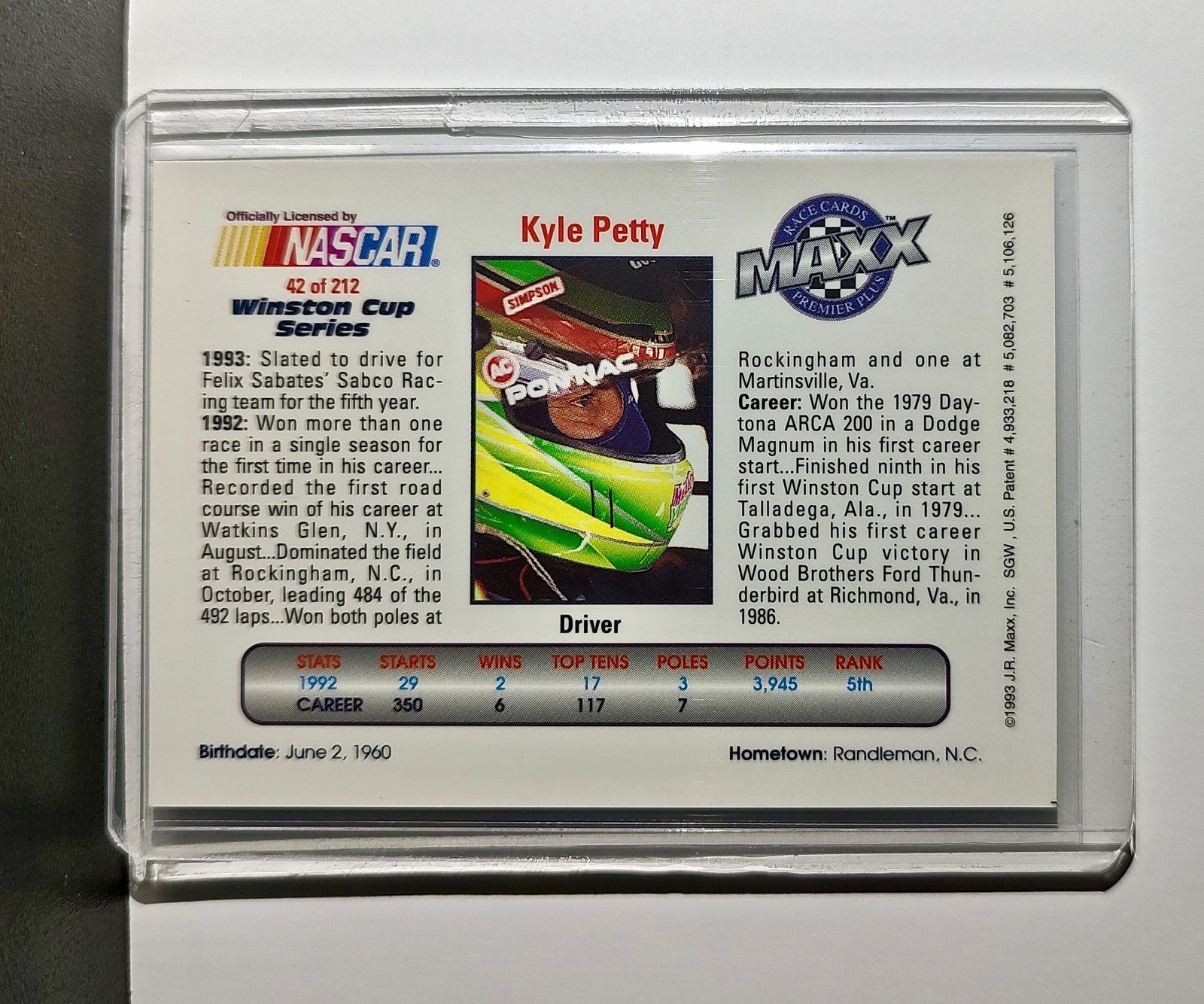 Kyle Petty 1993 Maxx Premier Plus Racing #42 NASCAR Card SABCO Racing