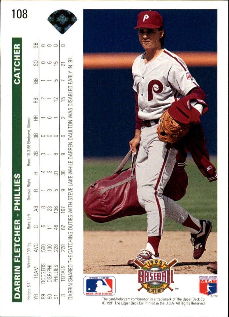 Darrin Fletcher 1992 Upper Deck MLB #108 Baseball Card Philadelphia Phillies