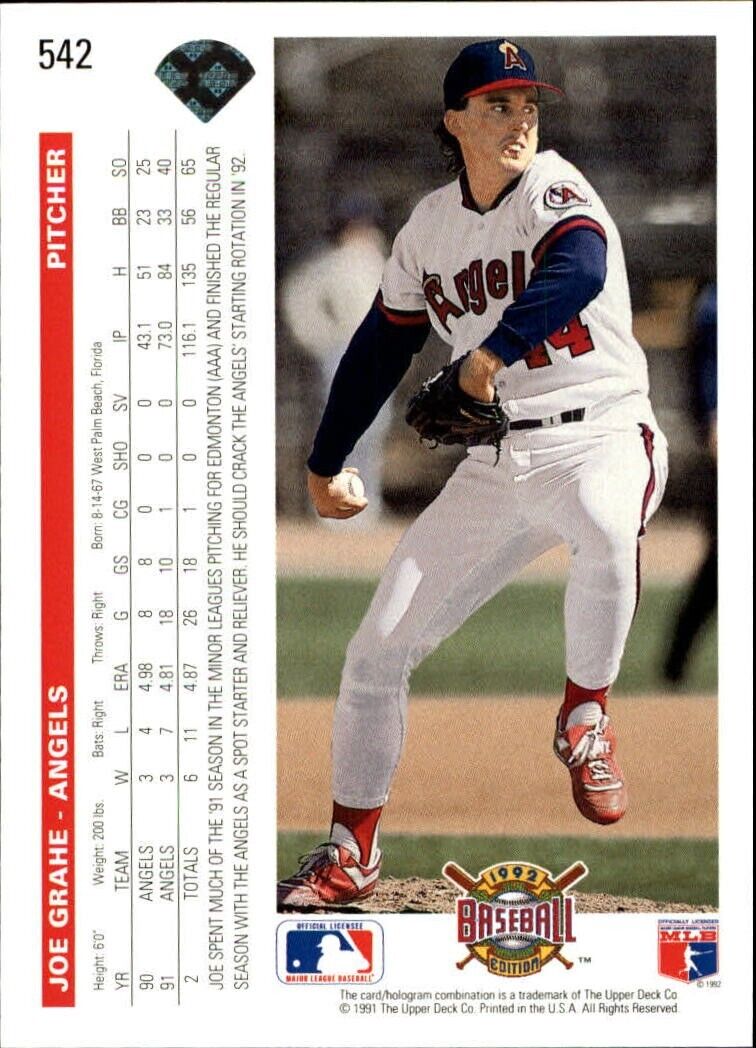 Joe Grahe 1992 Upper Deck MLB #542 Baseball Card California Angels