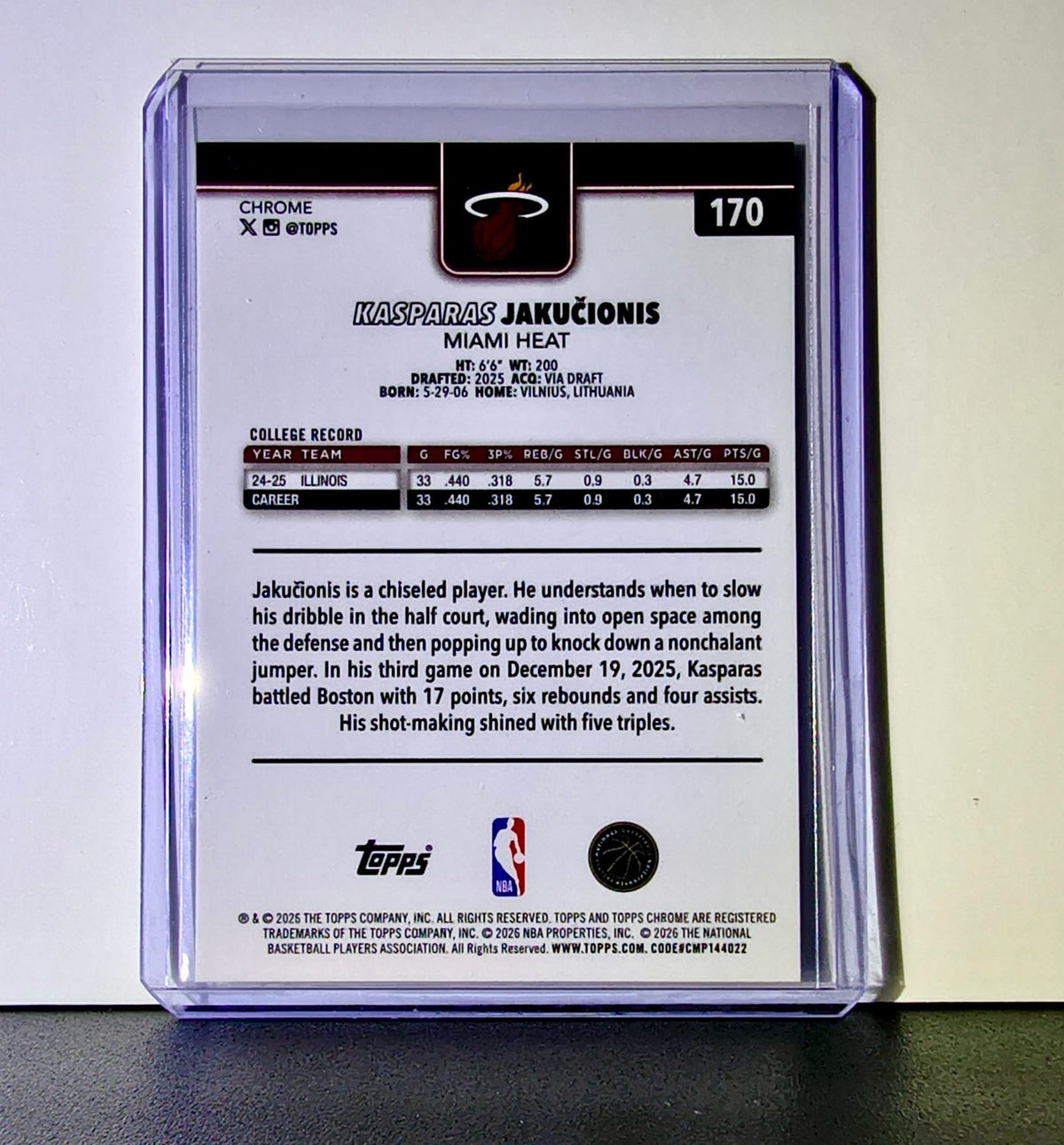 Kasparas Jakučionis Rookie 2025-26 NBA Topps Chrome Update #170 Card Miami Heat