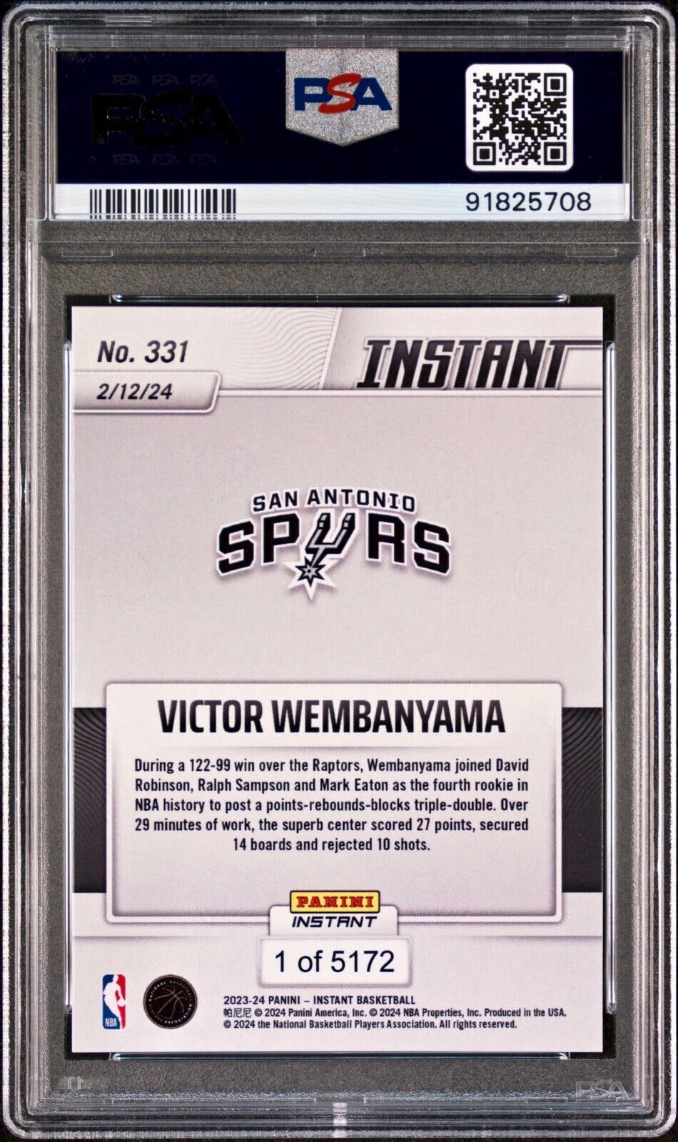 Victor Wembanyama 2023-24 Panini #331 NBA Rookie Card 1 of 5172 PSA 9 MINT