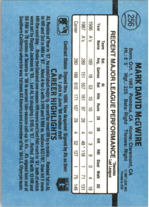 1988 Mark McGwire Donruss Baseball Card #256