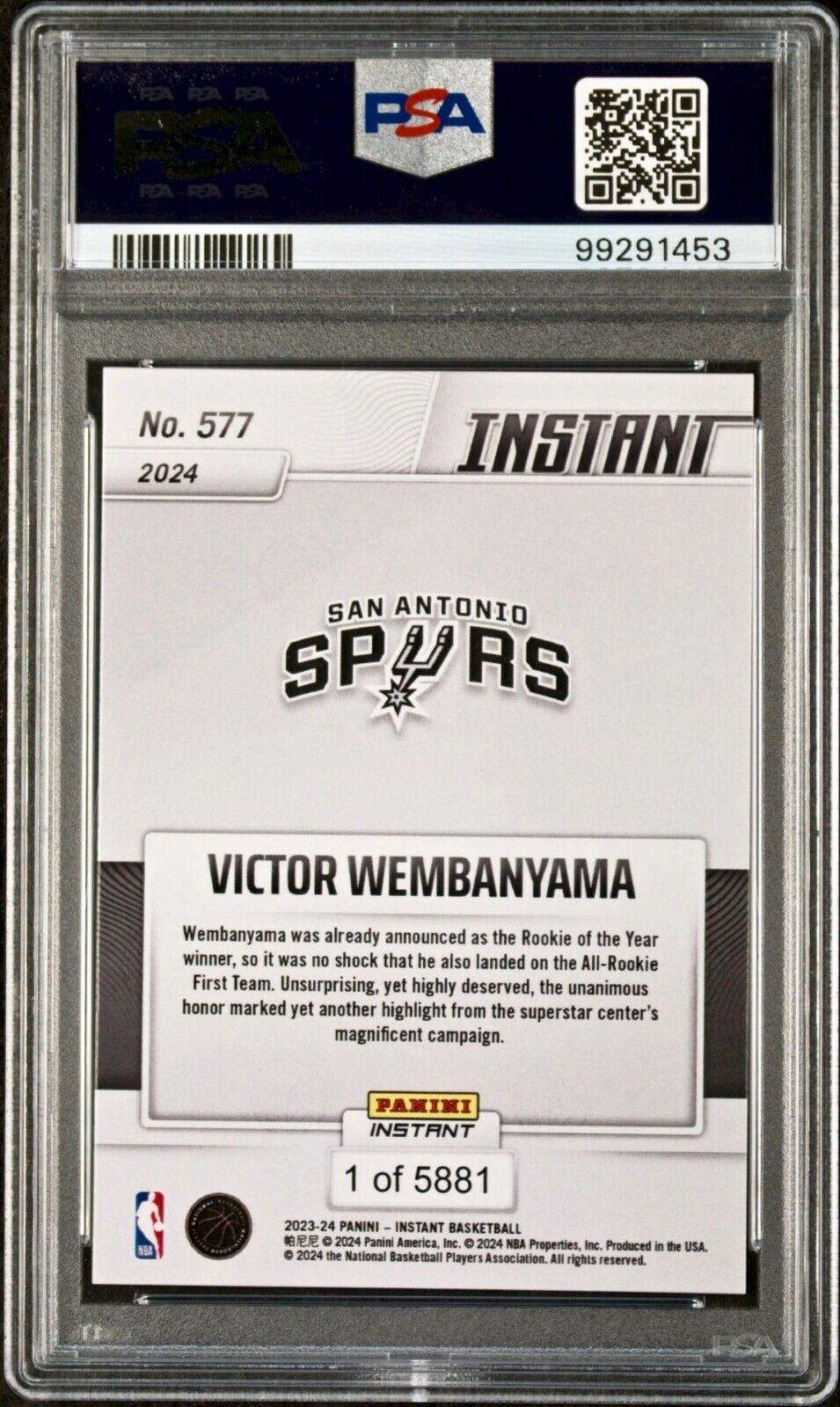 Victor Wembanyama 2023 Panini NBA All-Rookie 1st Team 577 Rookie Card PSA 9 Mint