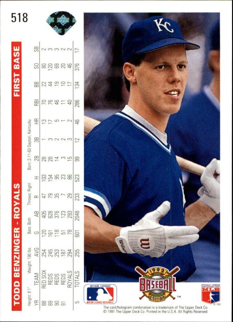 Todd Benzinger 1992 Upper Deck MLB #518 Baseball Card Kansas City Royals