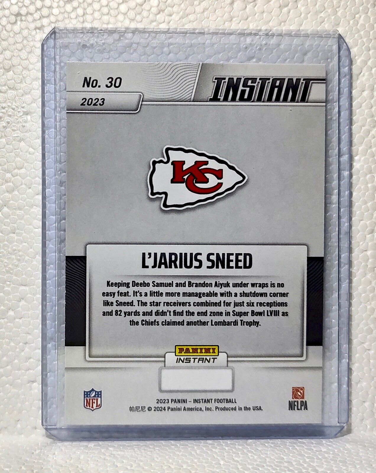 L'Jarius Sneed 2023 Panini NFL Superbowl Champions #30 Card Kansas City Chiefs