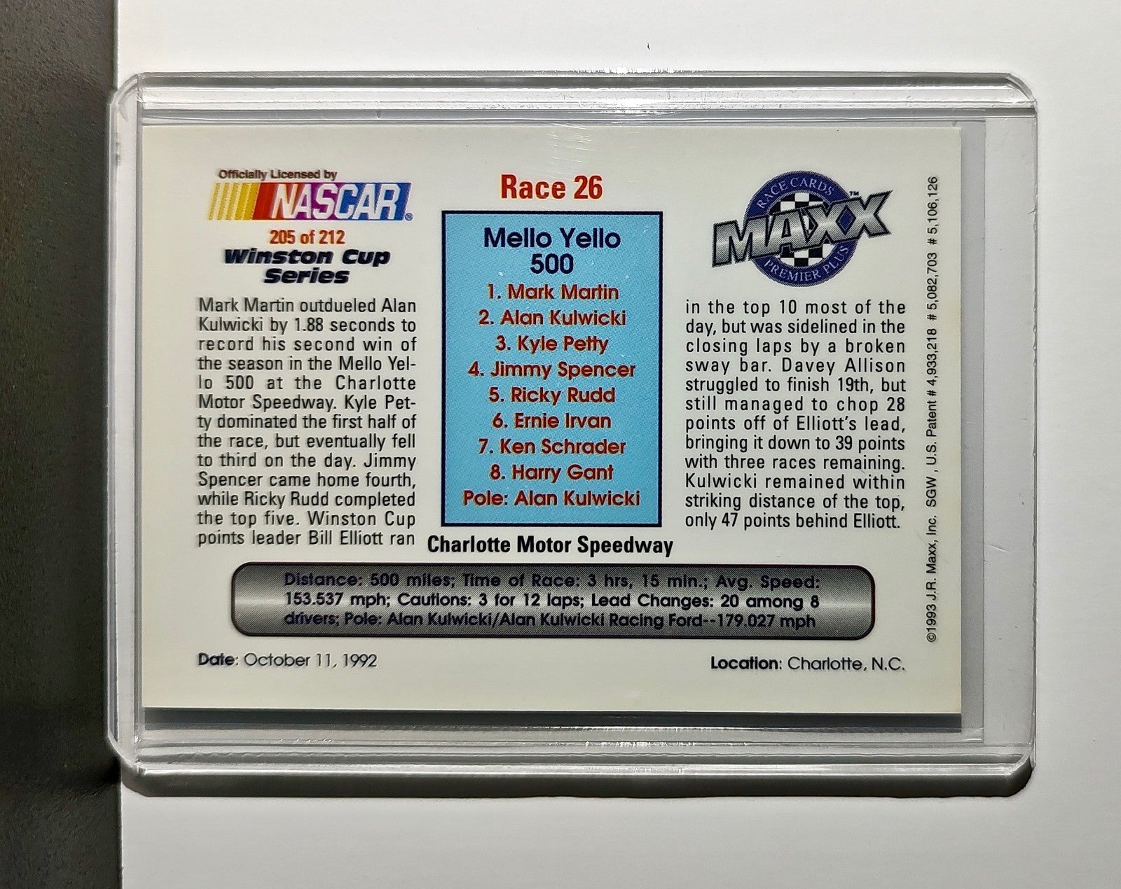 Race 26 Charlotte YR 1993 Maxx Premier Plus Racing #205 NASCAR Card Roush Racing