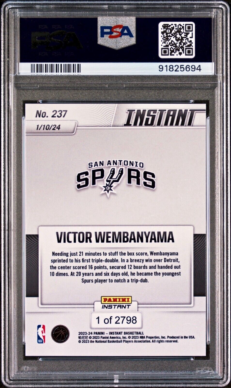 Victor Wembanyama 2023-24 Panini #237 NBA Milestone Rookie Card 1 of 2798 PSA 10