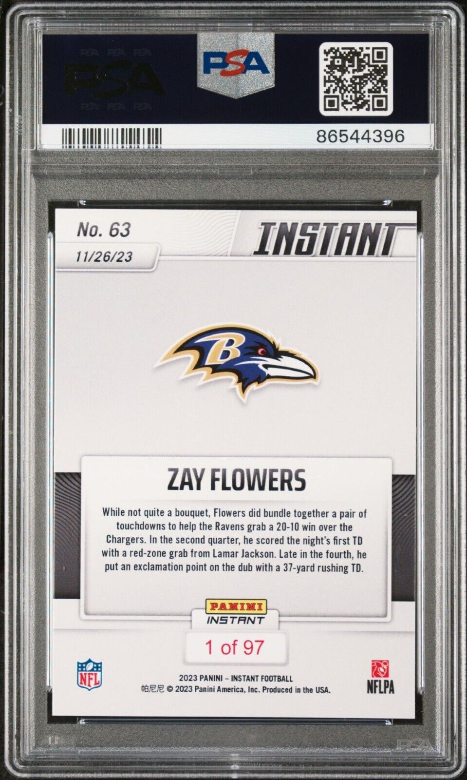 Zay Flowers 2023 Panini NFL Rookie Football #63 Card 1 of 97 Ravens PSA 9 Mint