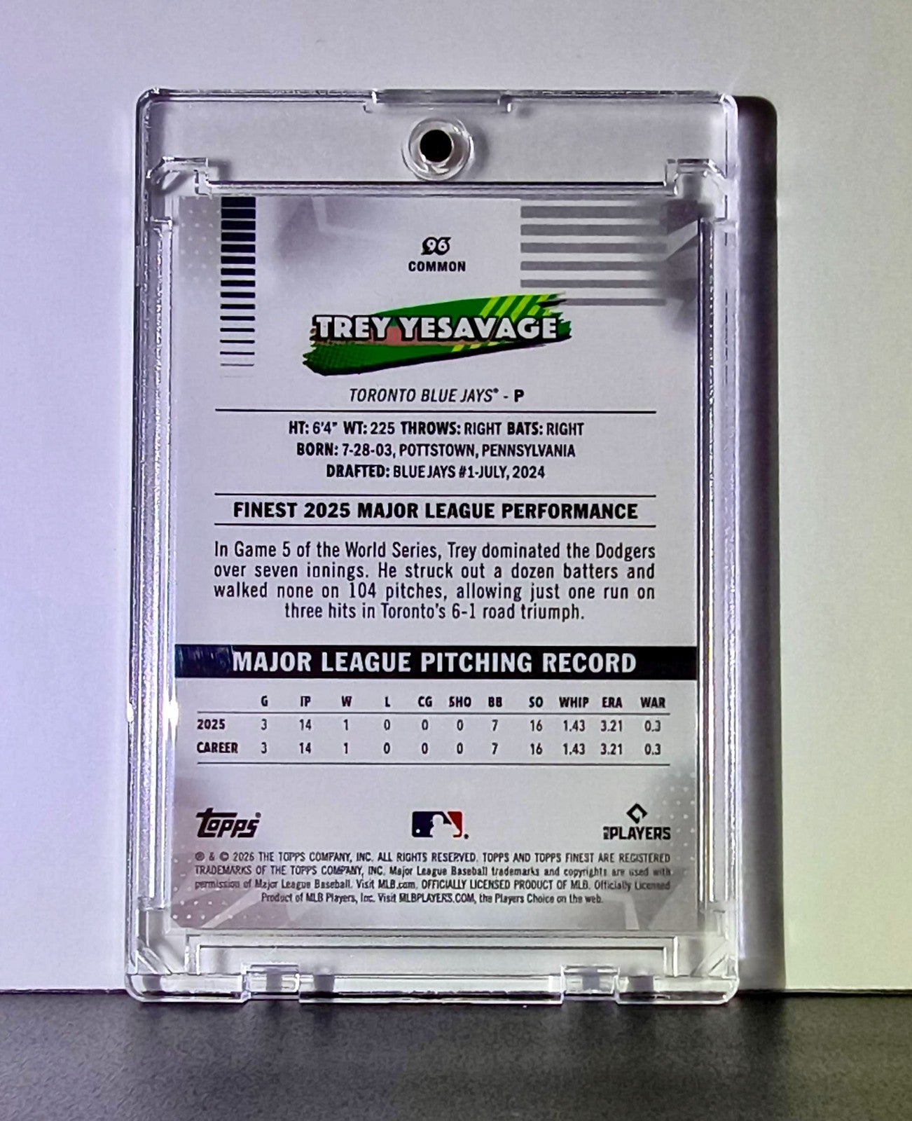 Trey Yesavage Rookie 2026 MLB Topps Finest #96 Refractor 133/150 Card Blue Jays