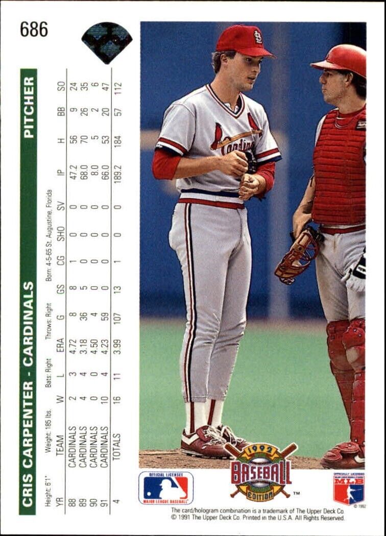 Cris Carpenter 1992 Upper Deck MLB #686 Baseball Card St. Louis Cardinals