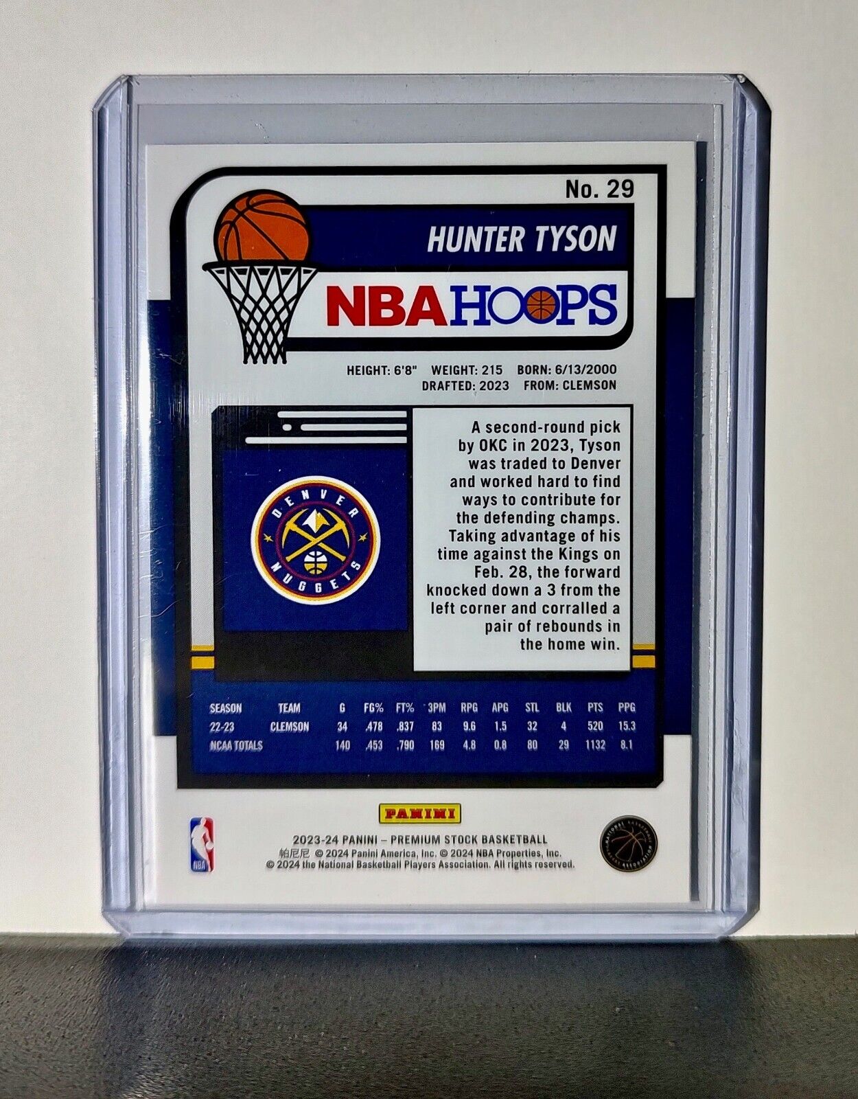 Hunter Tyson 2023-24 Panini Premium Stock NBA Hoops #29 Rookie Card Nuggets