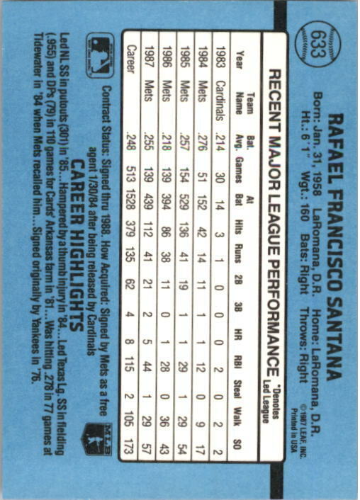 1988 Rafael Santana Donruss Baseball Card #633