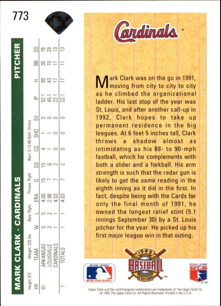 Mark Clark  1992 Upper Deck MLB Rookie #773 Baseball Card St. Louis Cardinals