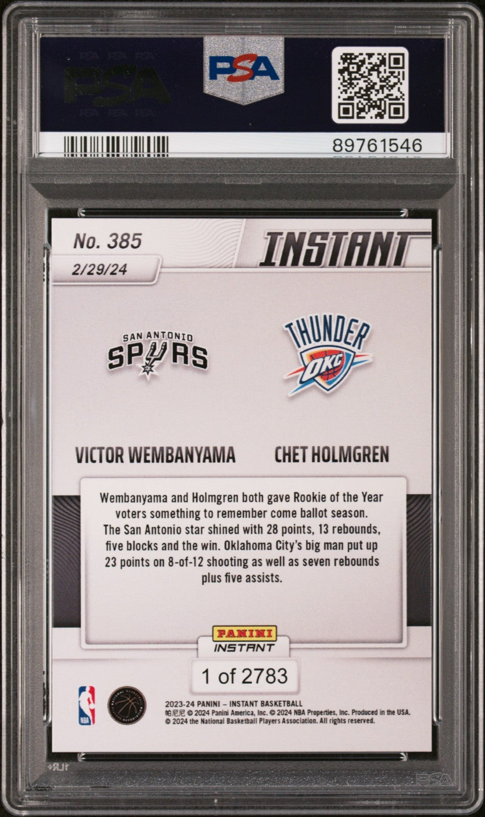 Victor Wembanyama / Chet Holmgren 2023-24 Panini #385 NBA Card 1 of 2783 PSA 10