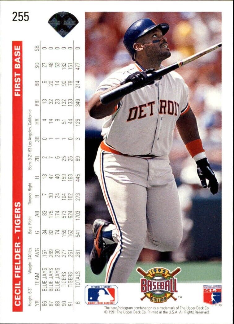 Cecil Fielder 1992 Upper Deck MLB #255 Baseball Card Detroit Tigers