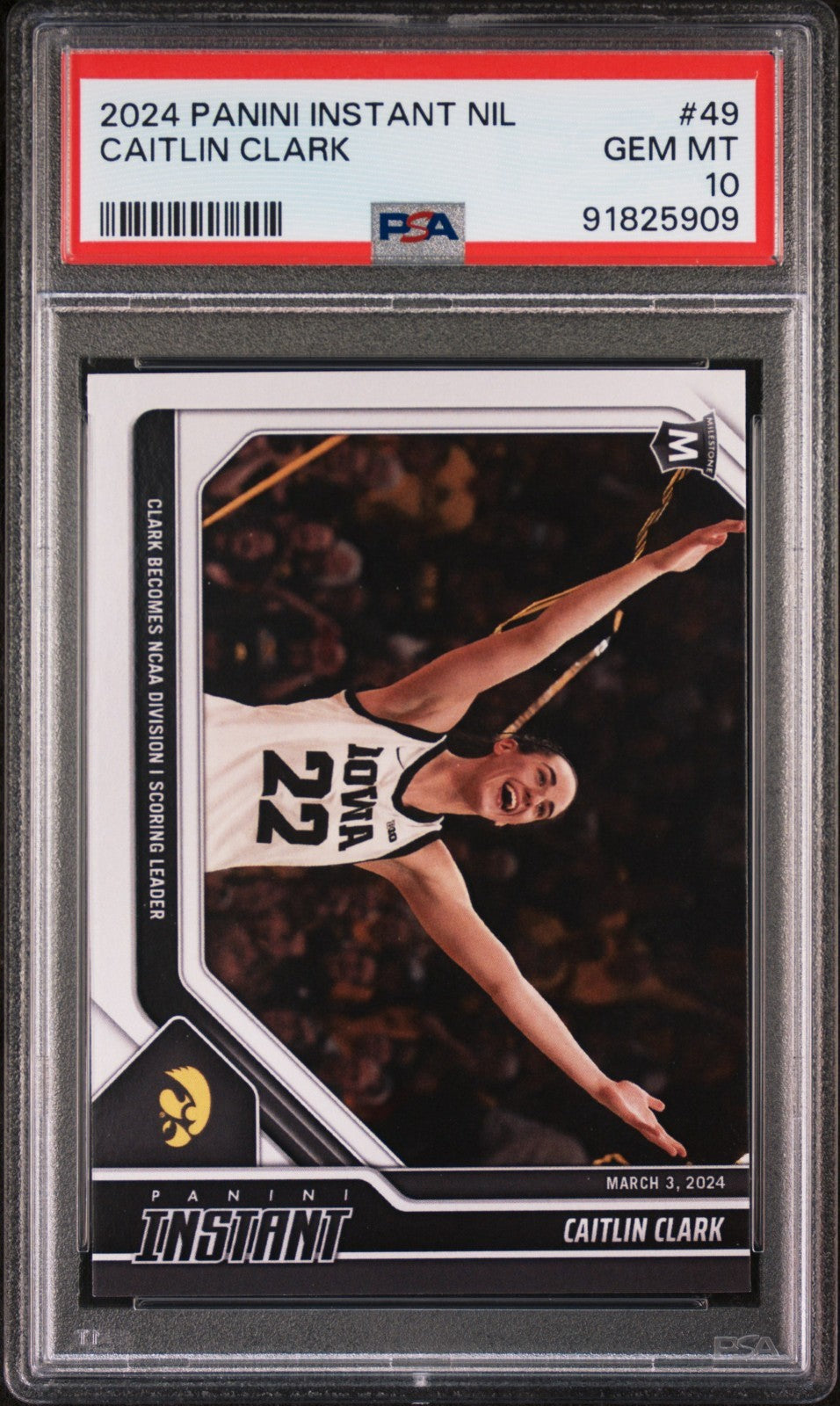 Caitlin Clark 2024 Panini #49 Basketball Milestone Card PSA 10 Gem Mint Hawkeyes