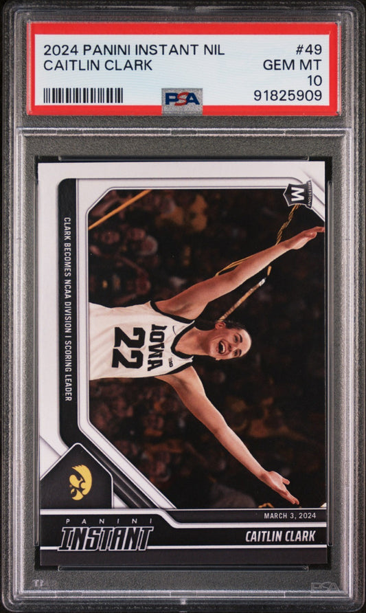 Caitlin Clark 2024 Panini #49 Basketball Milestone Card PSA 10 Gem Mint Hawkeyes