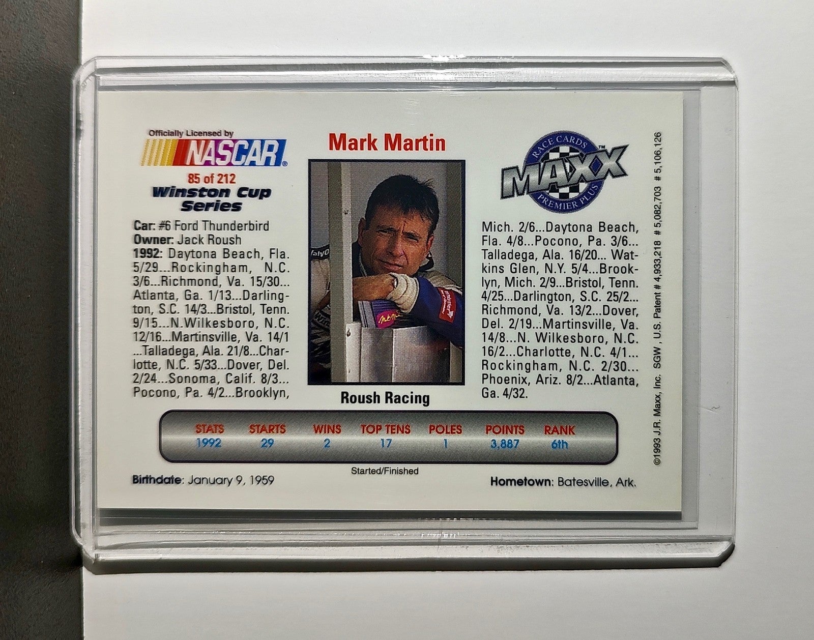Mark Martin 1993 Maxx Premier Plus Racing #85 NASCAR Card Roush Racing