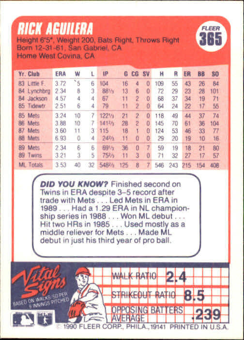 1990 Rick Aguilera Fleer Baseball Card #365