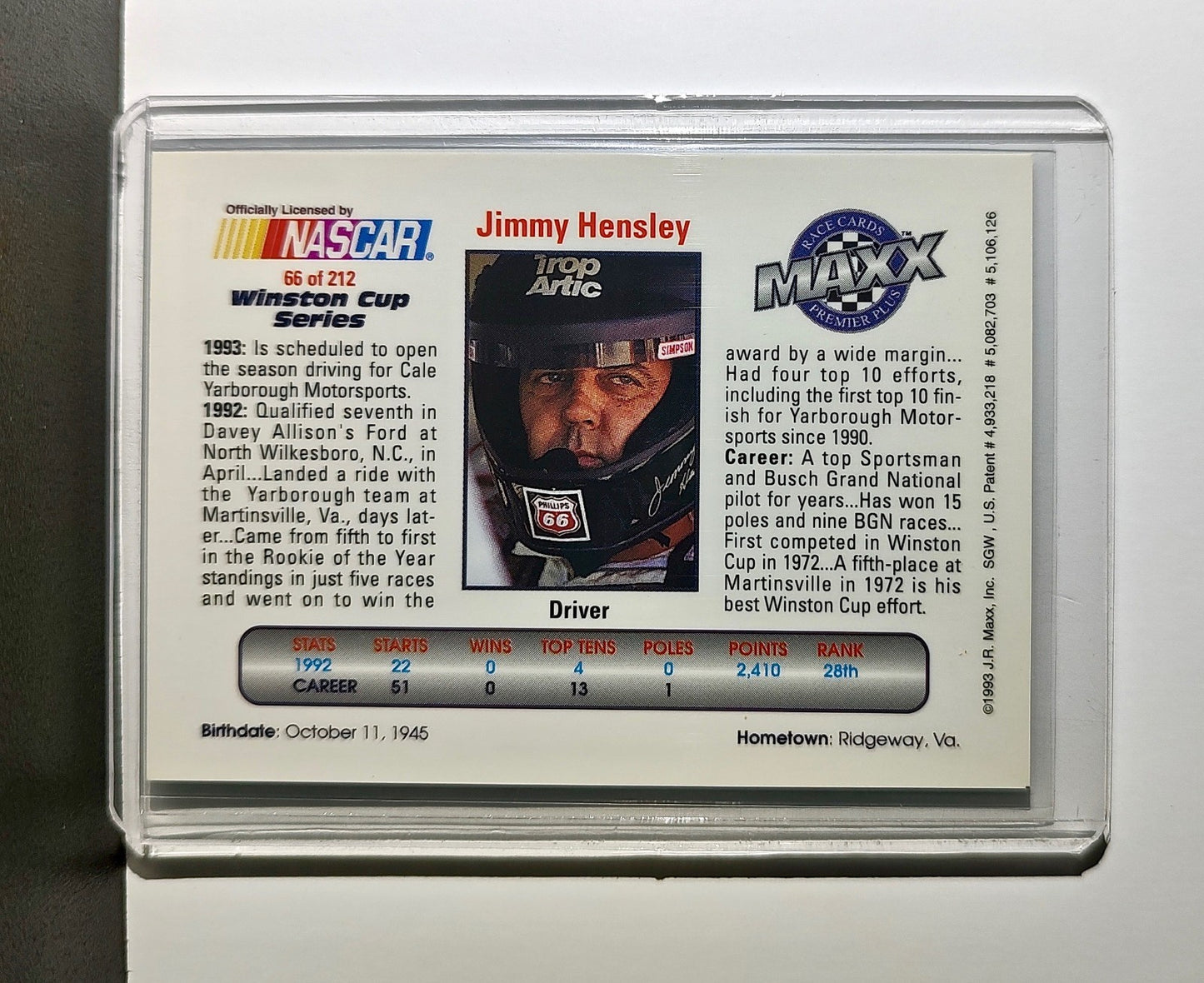 Jimmy Hensley 1993 Maxx Premier Plus Racing #66 NASCAR Card Cale Yarborough