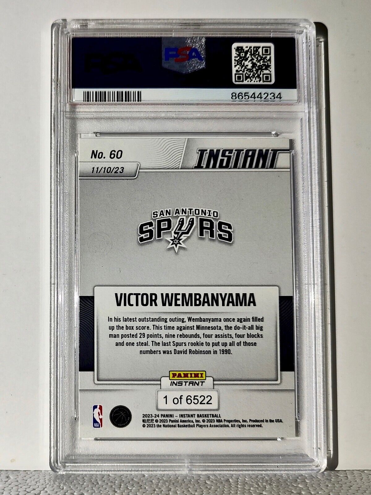 Victor Wembanyama 2023-24 Panini #60 NBA Rookie Card Spurs 1 of 6522 PSA 9 Mint