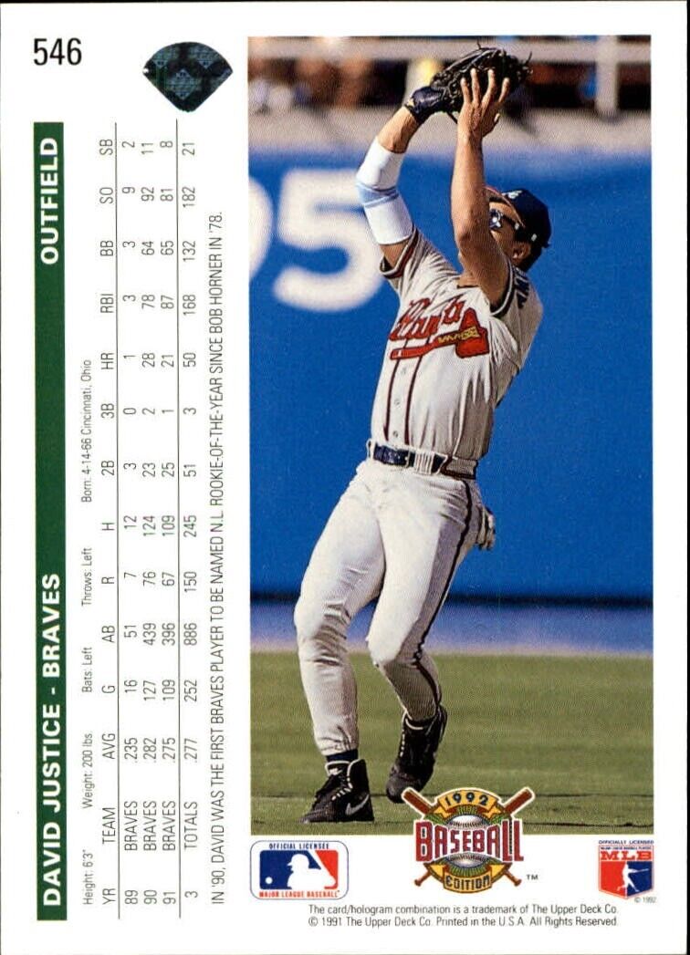 David Justice 1992 Upper Deck MLB #546 Baseball Card Atlanta Braves