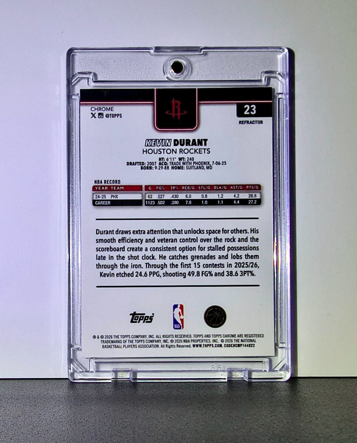 Kevin Durant 2025-26 NBA Topps Chrome Update #23 Refractor Card Houston Rockets