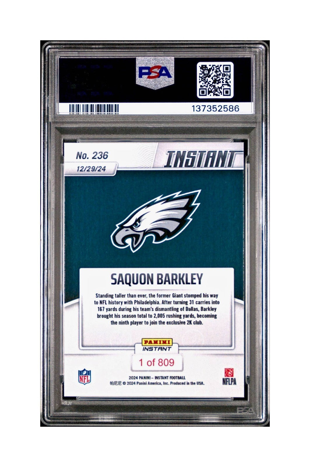 Saquon Barkley 2024 Panini Milestone NFL #236 Eagles 1 of 809 PSA 10 Gem Mint