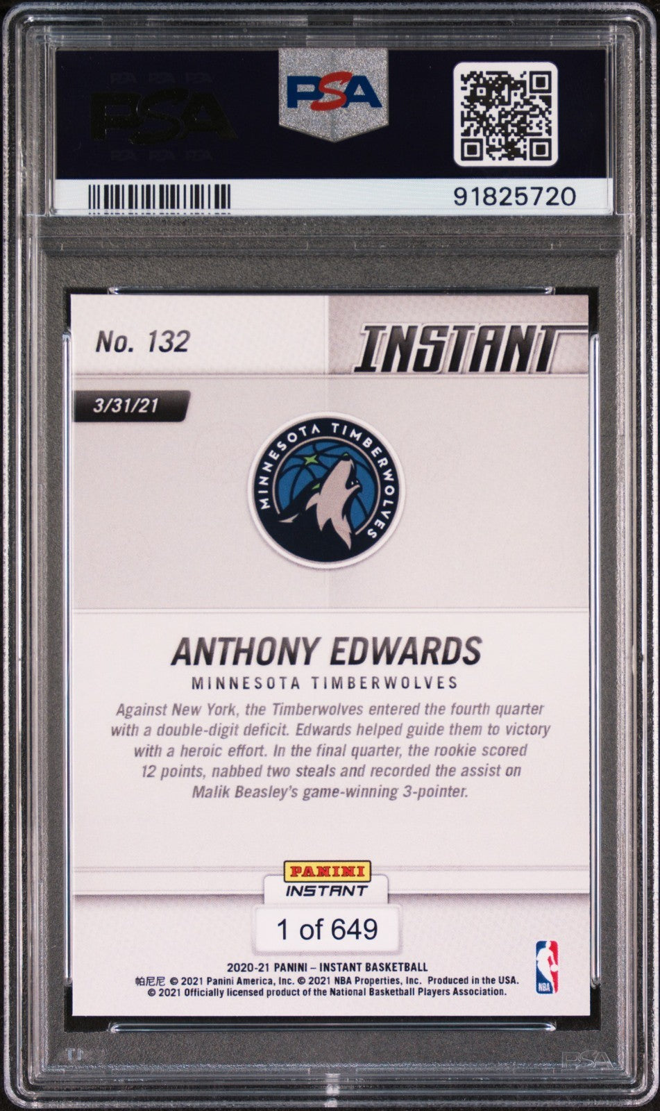 Anthony Edwards 2020-21 Panini NBA #132 Basketball Card PSA 9 Mint Timberwolves