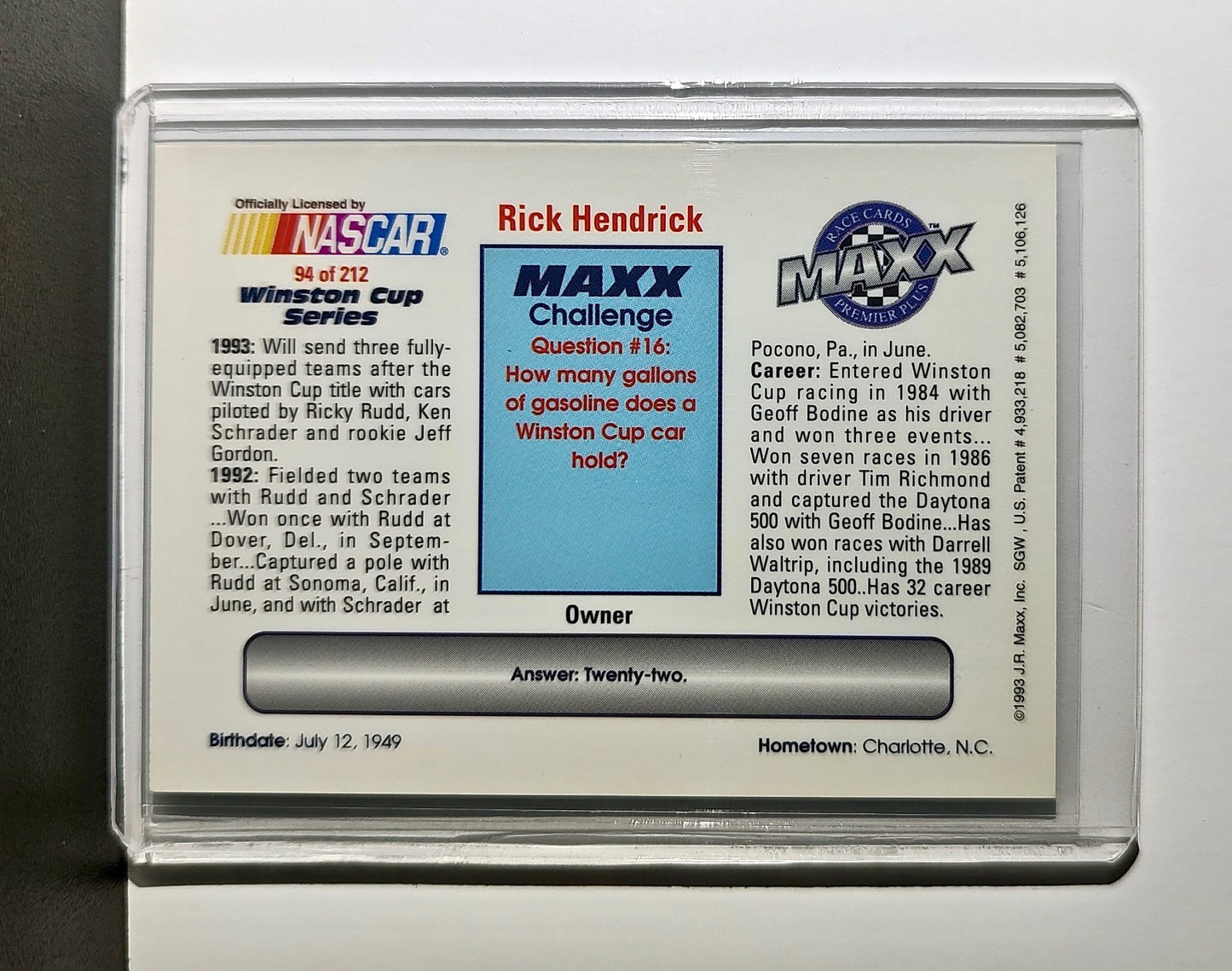 Rick Hendrick 1993 Maxx Premier Plus Racing #94 NASCAR Card Hendrick Motorsports