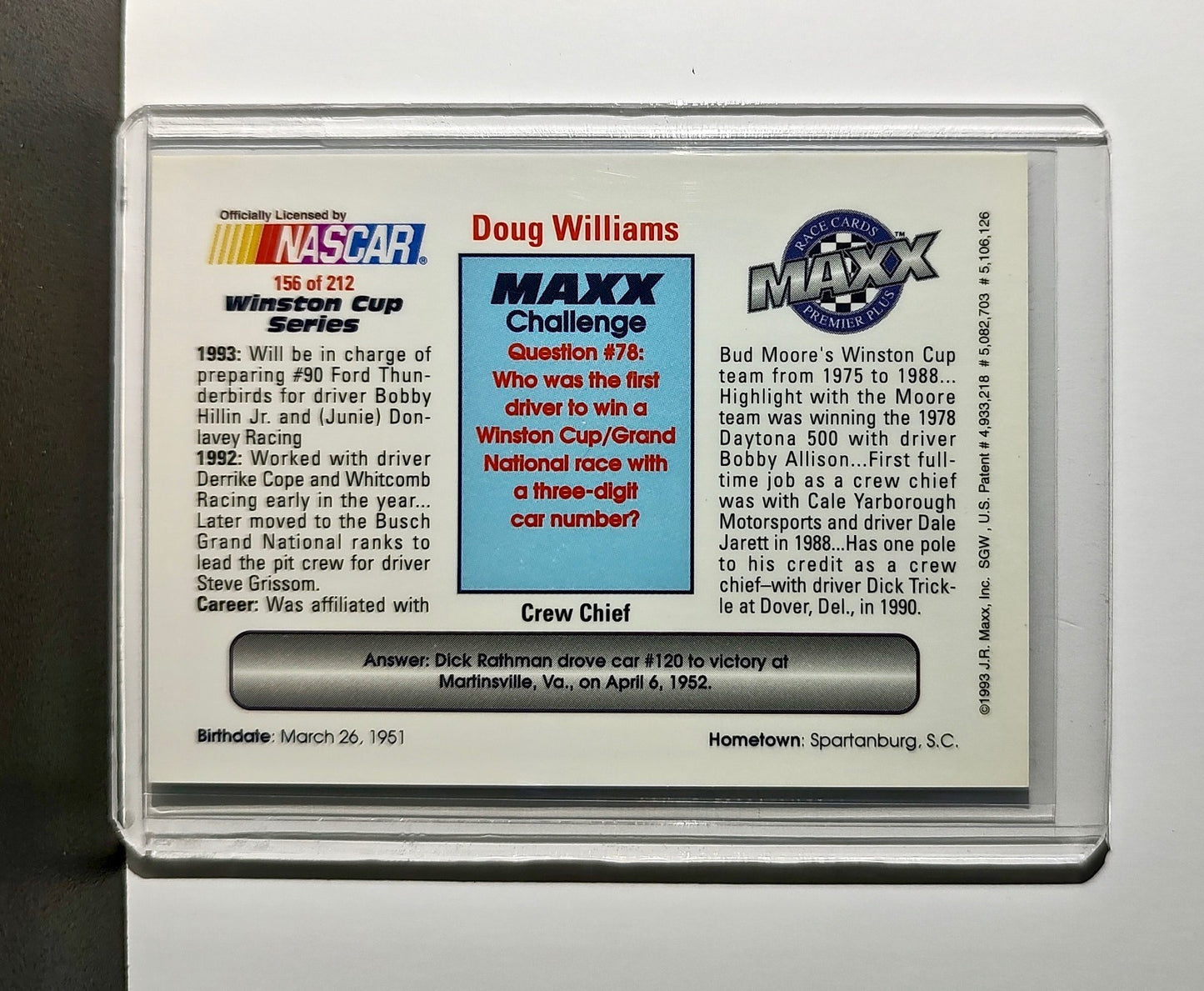 Doug Williams 1993 Maxx Premier Plus Racing #156 NASCAR Card Donlavey Racing