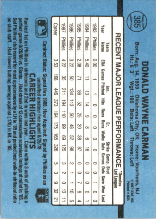 1988 Don Carman Donruss Baseball Card #385