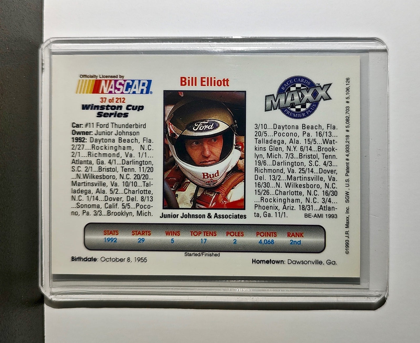 Bill Elliott 1993 Maxx Premier Plus Racing #37 NASCAR Card Junior Johnson